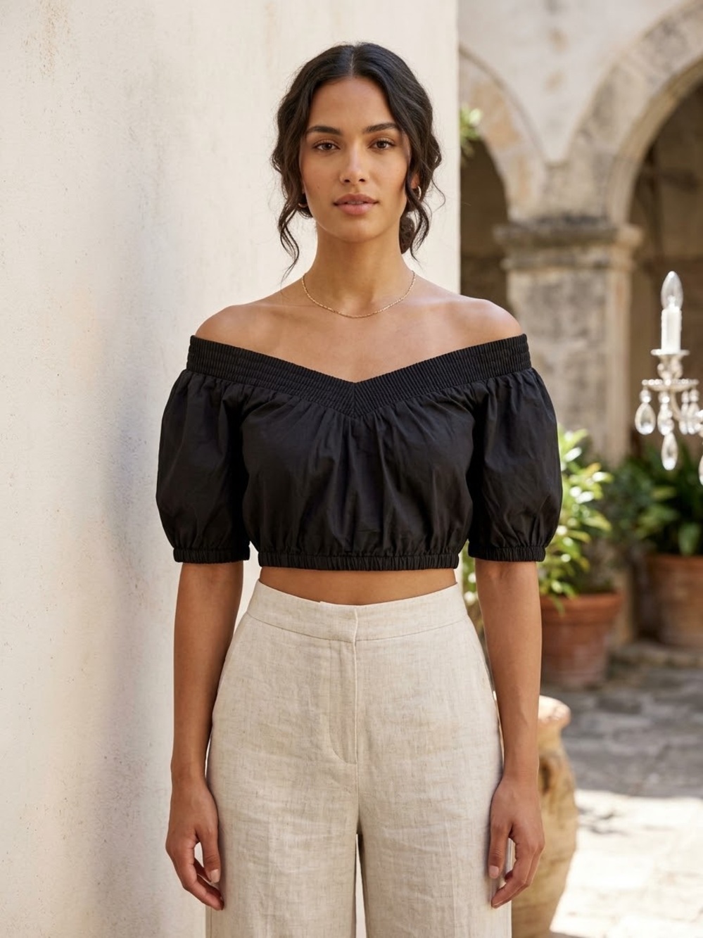 NWT Olivaceous Black Off-The-Shoulder Puff Sleeve Crop Top - Size Small